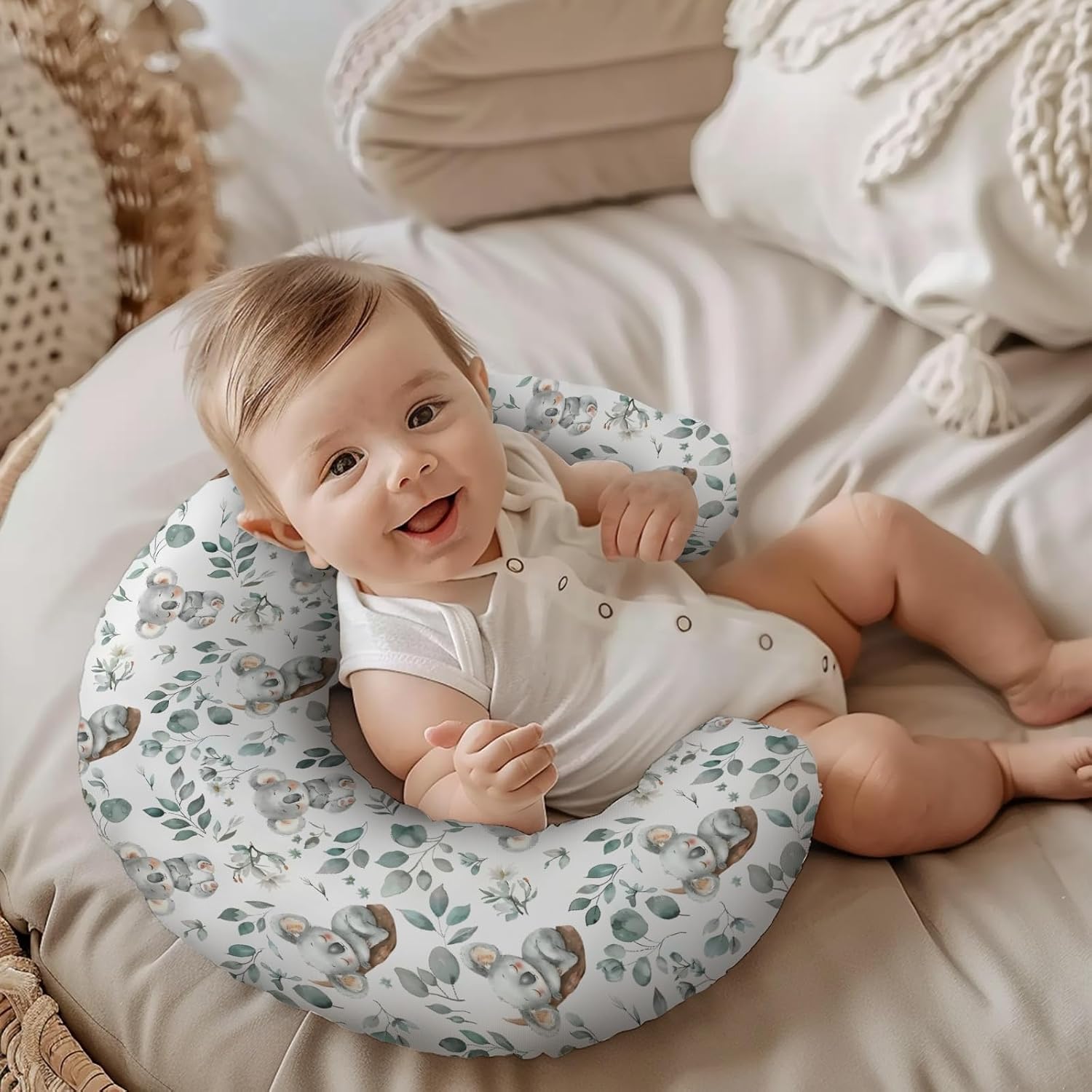 Watercolor Cute Koala Leaves Animal Pattern Nursing Pillow Cover, Unisex Removable Breastfeeding Pillowcase Slipcover for Baby Girls Boys Newborns Toddlers, Cover Only
