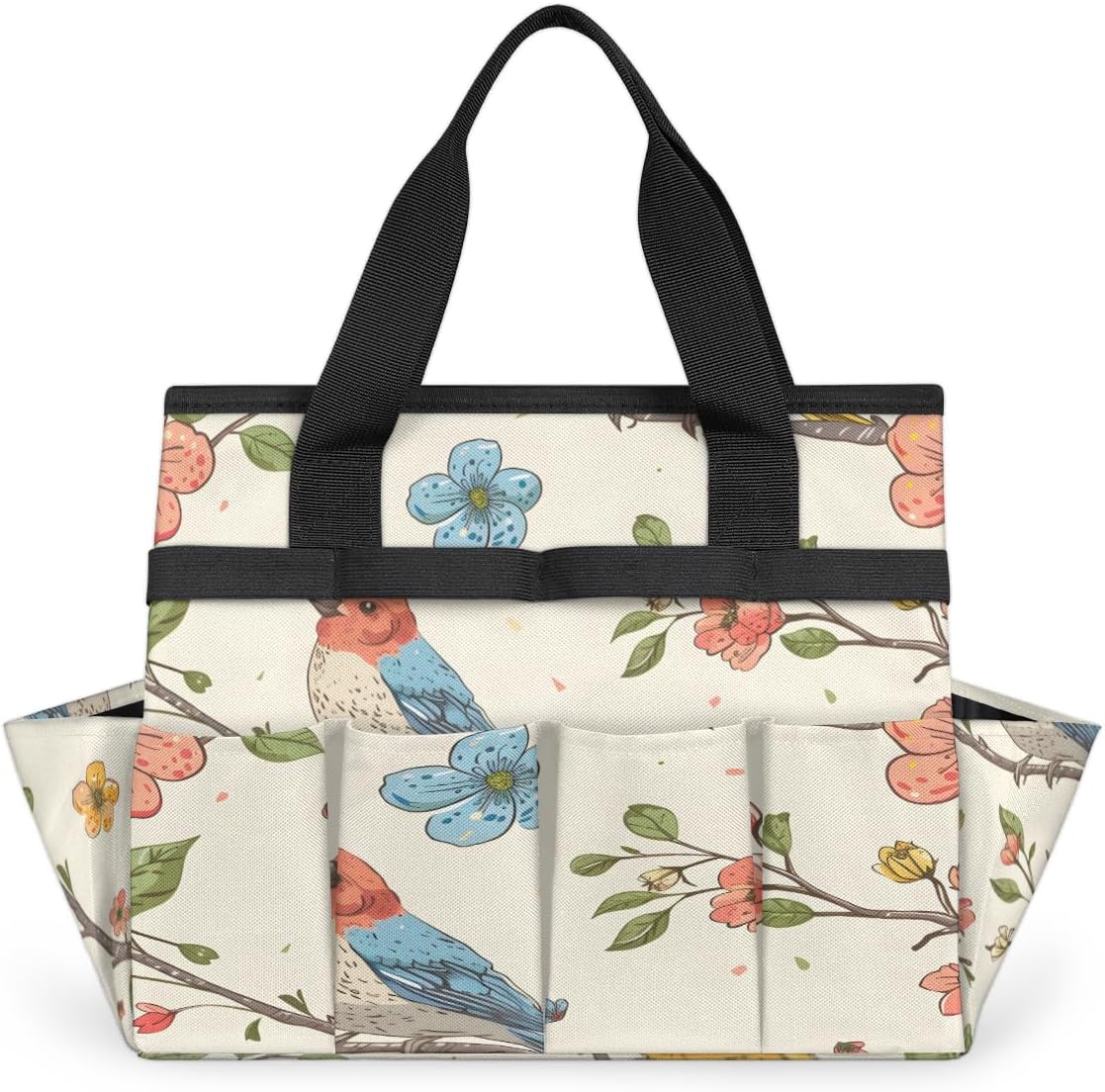 Birds Garden Tool Bag Organizer Heavy Duty Colorful Floral Bird Pattern Gardening Tote Bag with 10 Pockets for Women Men Gardening Gifts