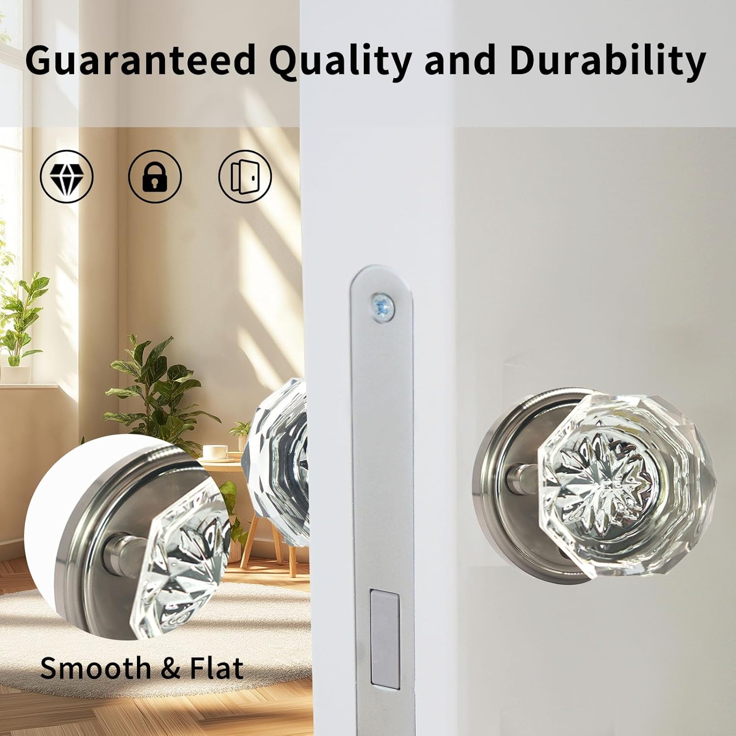 Crystal Door Knobs, Privacy Clear Door Knobs Interior with Lock Stain Silver Vintage Style Glass Door Handles Interior for Modern Bedroom Bathroom Indoor Protect Privacy Function (1 Pack)