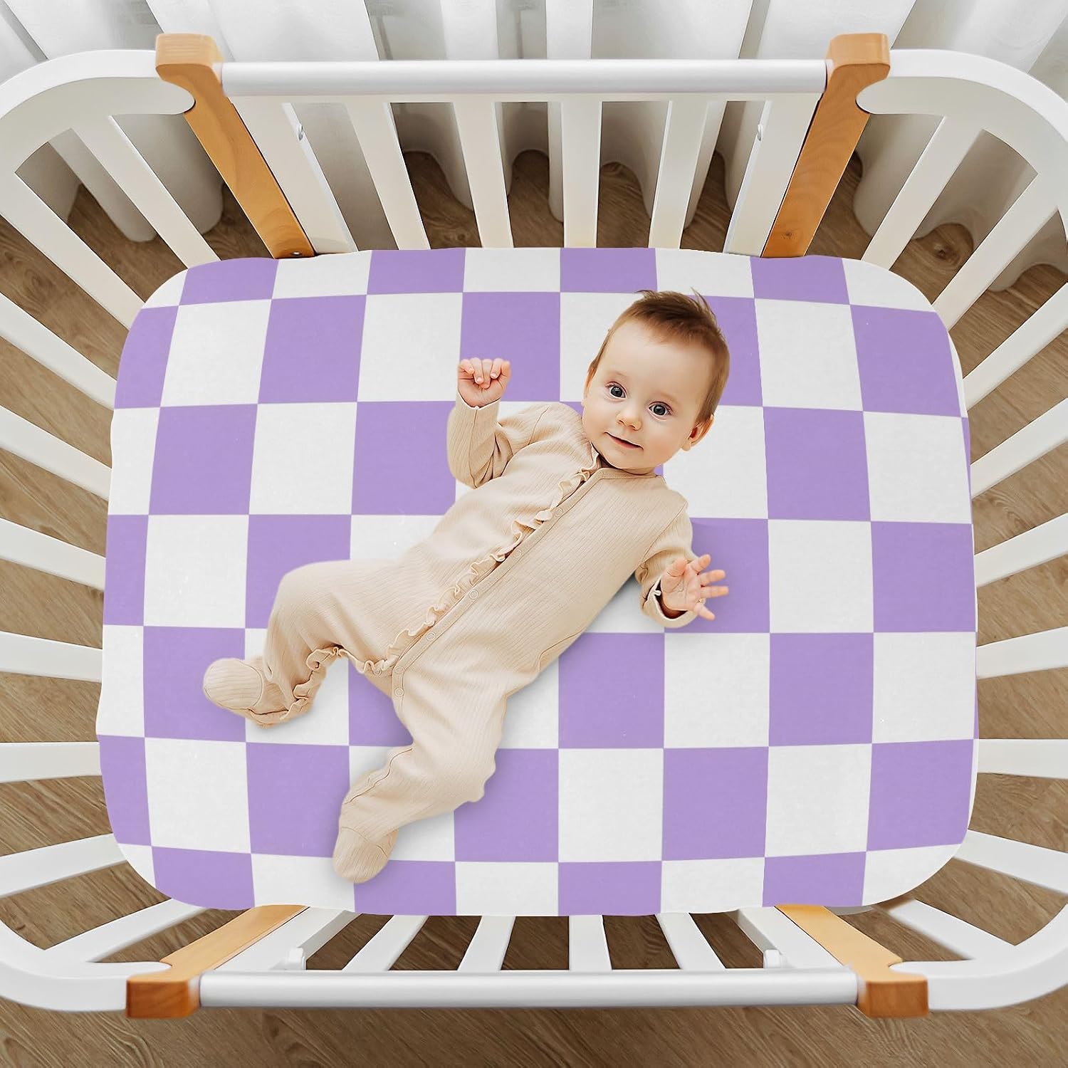Chess Checkerboard White Light Purple Crib Sheets for Boys Girls Pack and Play Sheets Portable Mini Fitted Baby Sheet for Standard Crib and Toddler Mattresses Girls Boys, 52x28IN