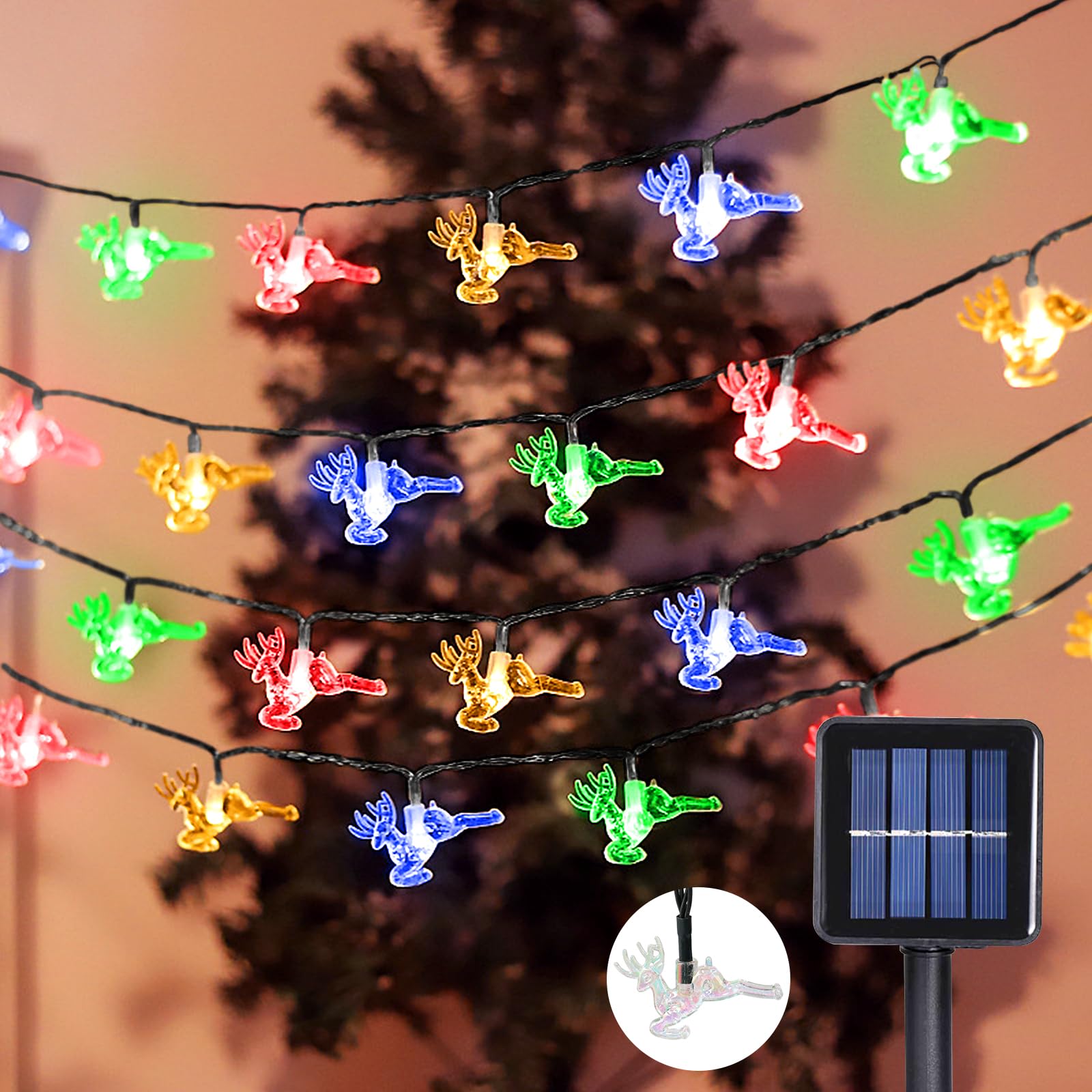 Glaxcidy Guirnalda Luces Exterior Solar, 22.9 Ft 50 LEDS Cadena de Luces con Forma de Reno Navideño, 8 Modos, Luces de Hadas Decorativas Impermeable para Patio, Navidad, Jardín