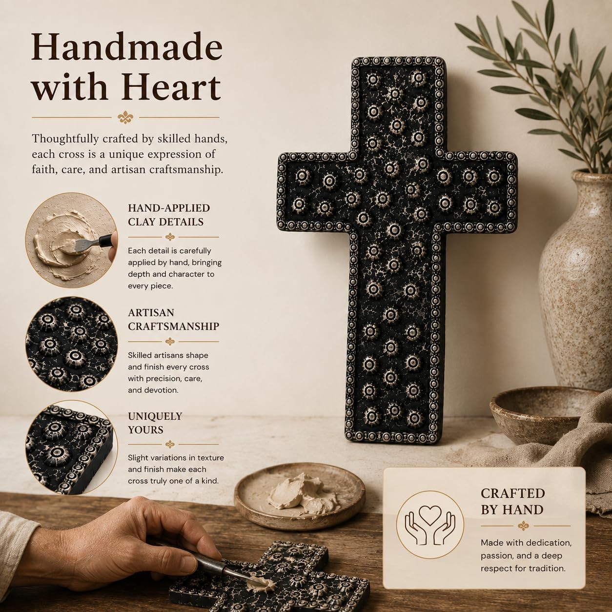 Vriksha Kraft 10 Inch Cross for Wall, Christian Wall Art | MDF & clay, studded protection design, ready to hang, lightweight display, Christian Decor