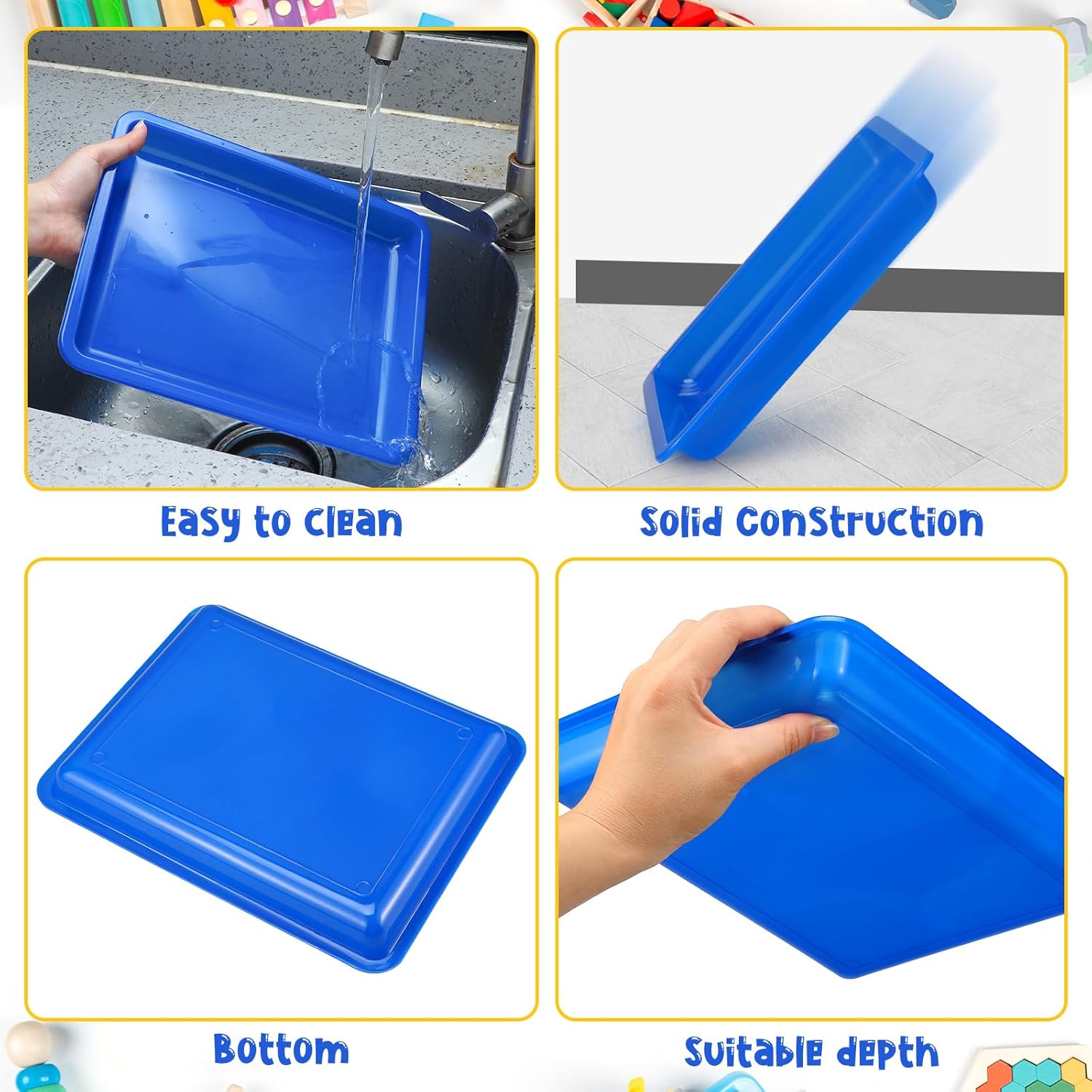 Maitys 24 Pcs Plastic Art Trays 11 x 8.7 x 1 Inch Activity Craft Tray Organizer Serving Tray Stackable Storage Sand Trays for School Painting Beads Crafts DIY Projects(Blue)