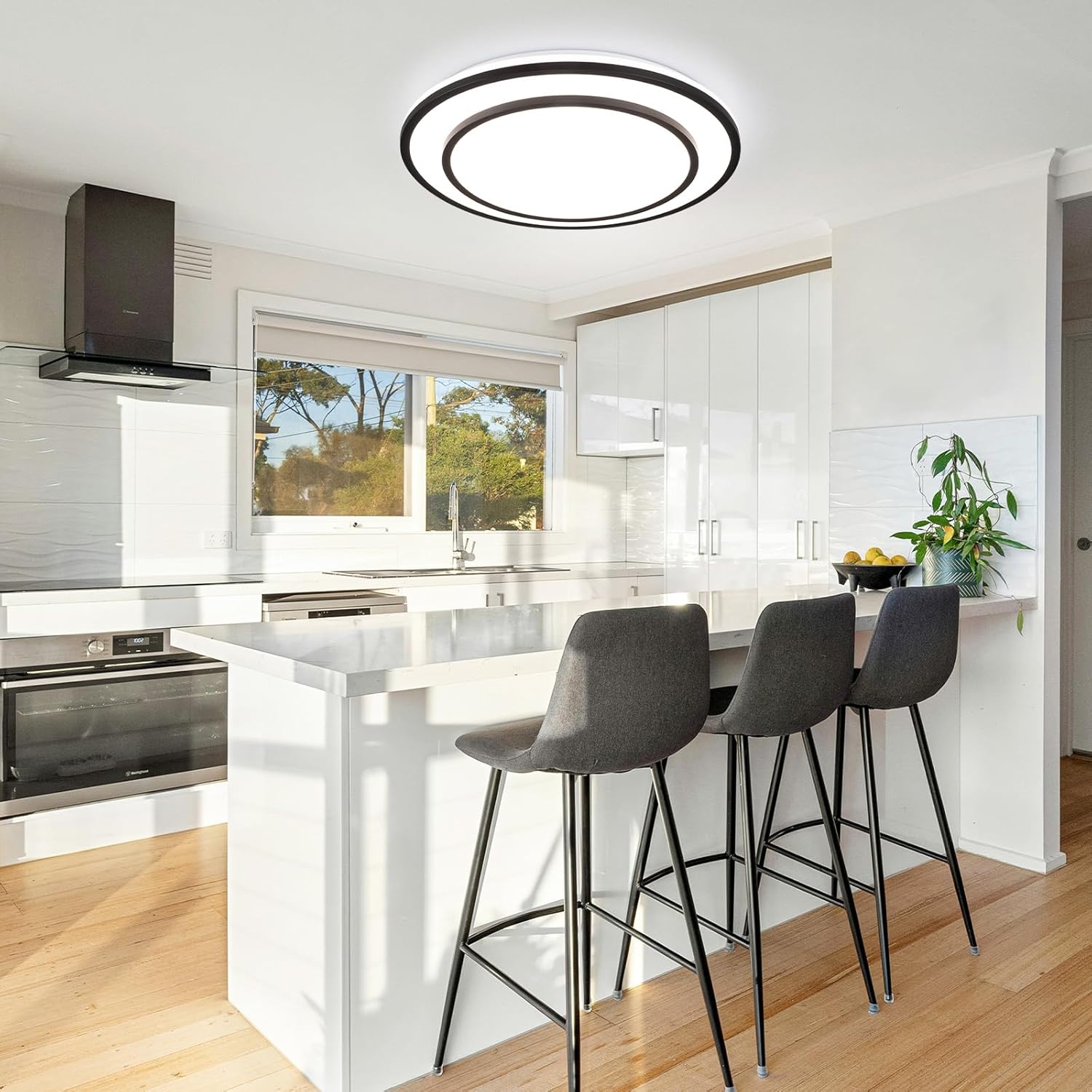 Black LED Flush Mount Ceiling Light Fixture 5CCT, Dimmable Light Fixture Ceiling Mount 16" 24W, Overhead Modern Close to Ceiling for Living Room, Foyer, Kitchen, Bedroom