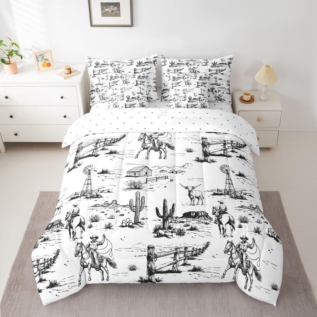 Western Bedding Set Queen Size Comforter Sets 7 Piece,Rustic Cowboy Bed In A Bag for Kids Boys Girls Men,Vintage Country Southwestern with Comforter and Sheets Desert Farmhouse Bed Set,Black White