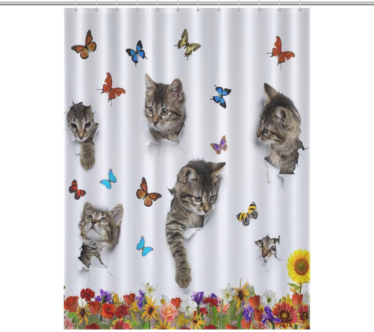 Funny Cat Shower Curtain, Spring Garden Sunflower Cute Hiding Cat Catch Butterflies Animal Shower Curtain Sets for Bathroom Fabric Bath Curtain 12 Hook 55x72Inch（140x183cm）