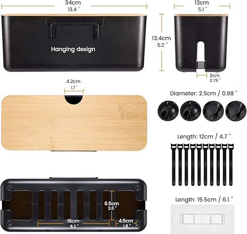 Miniatura 2 de Caja organizadora de cables  Caja organizadora de cables con tapa de madera para montaje en pared, para regletas de alimentación, cargadores, cable