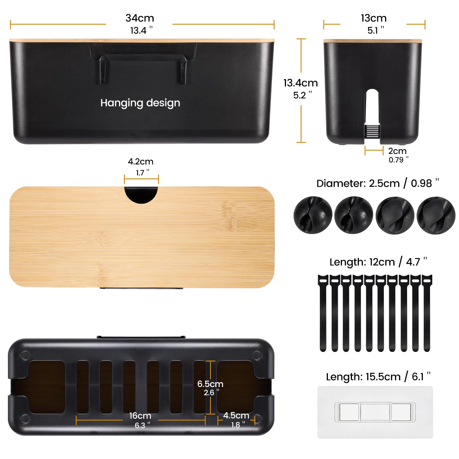 Cable Management Box - Wall Mount Wood Lid Cord Organizer Box for Power Strips, Chargers, TV Computer Wire, Surge Protector Cord Hider Box: Cable Organizer Box for Home & Office - Black