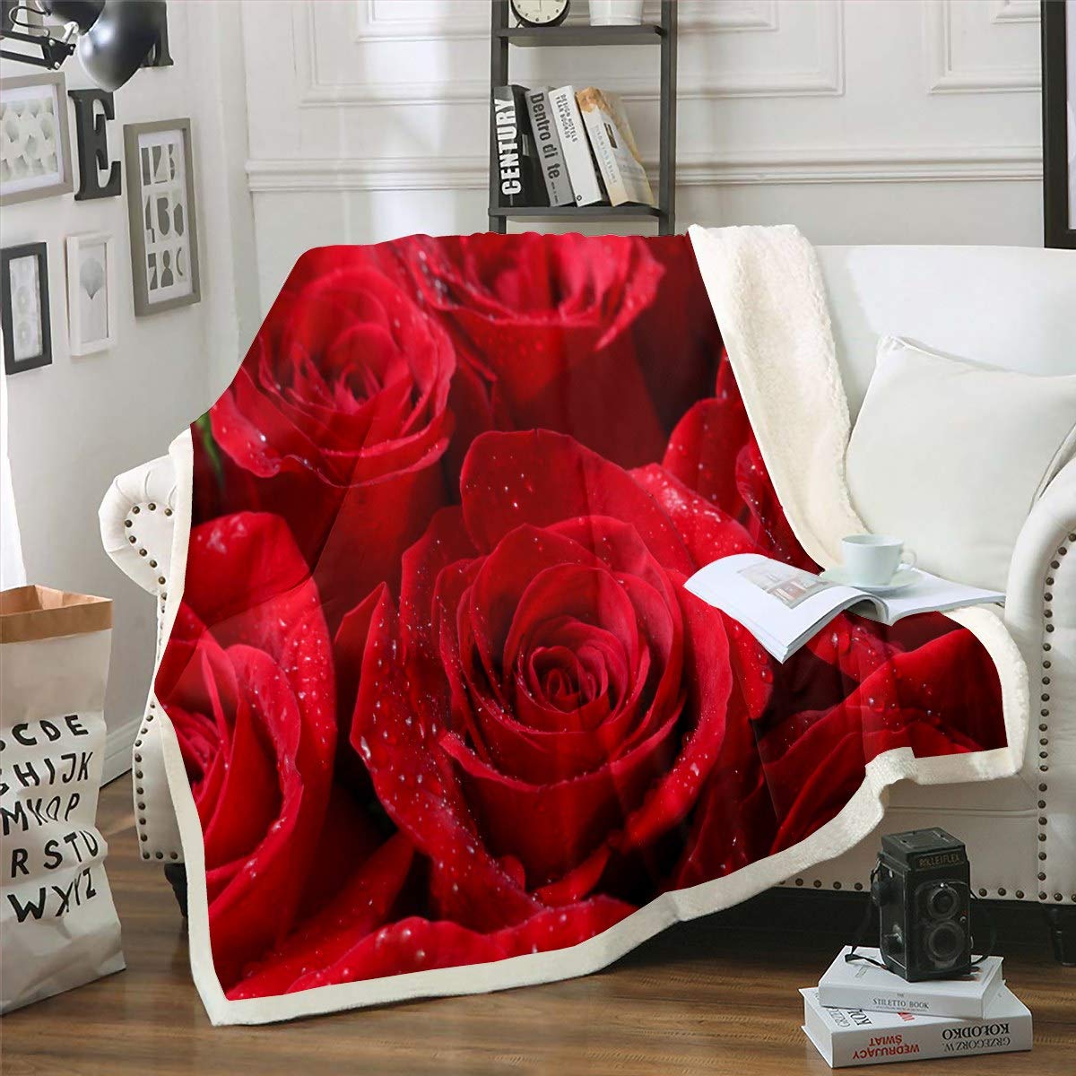 3D Red Rose Fleece Blankets Rose Floral Print Blanket Romantic Flowers Plush Single Blanket for Couch Bed Sofa Microfiber Gift for Couch Bed Sofa Lover Sherpa Blanket Room Decor Baby 30"x40"