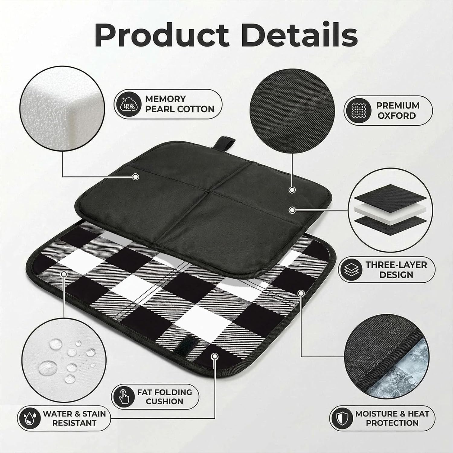 (Black and White Plaid) Sitting Pad Foldable Seat Cushion Lightweight Camping Seat Mat with Hook for Outdoor Hiking Picnic Camping