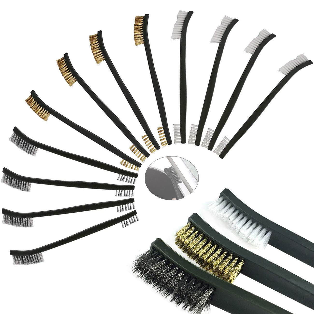 WZYTEU 12 pcs Wire Brush, Mini Wire Brushes for Cleaning Rust and Welding Slag,Stainless Steel Brush Nylon Brush and Brass Brush Each 4 Pieces(17cm)