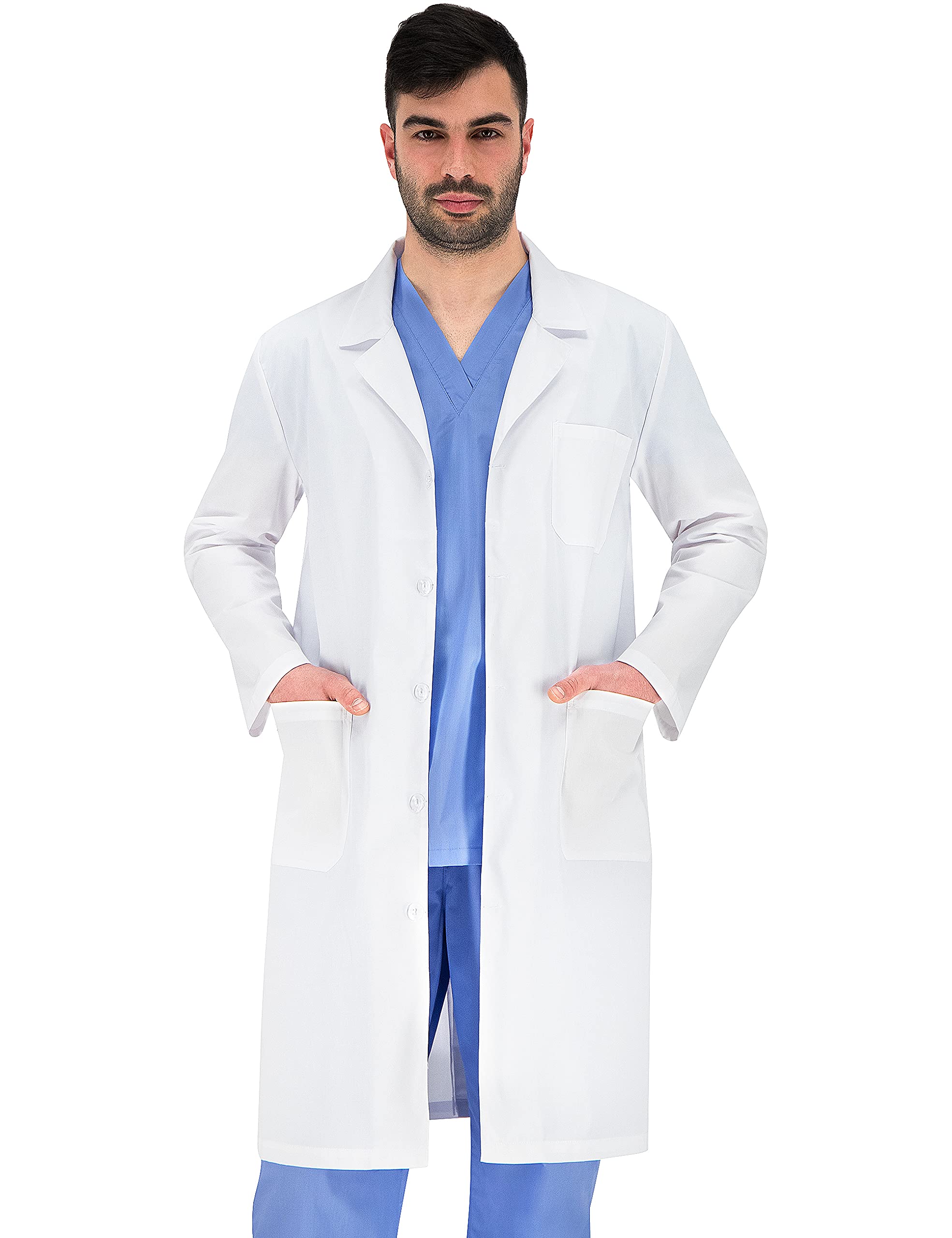 B-well Fabio Camice da Laboratorio Uomo Bianco Abbigliamento da Lavoro e Divise Camice Uomo Maniche Lunghe e 3 Tasche e Fissaggio con Bottoni