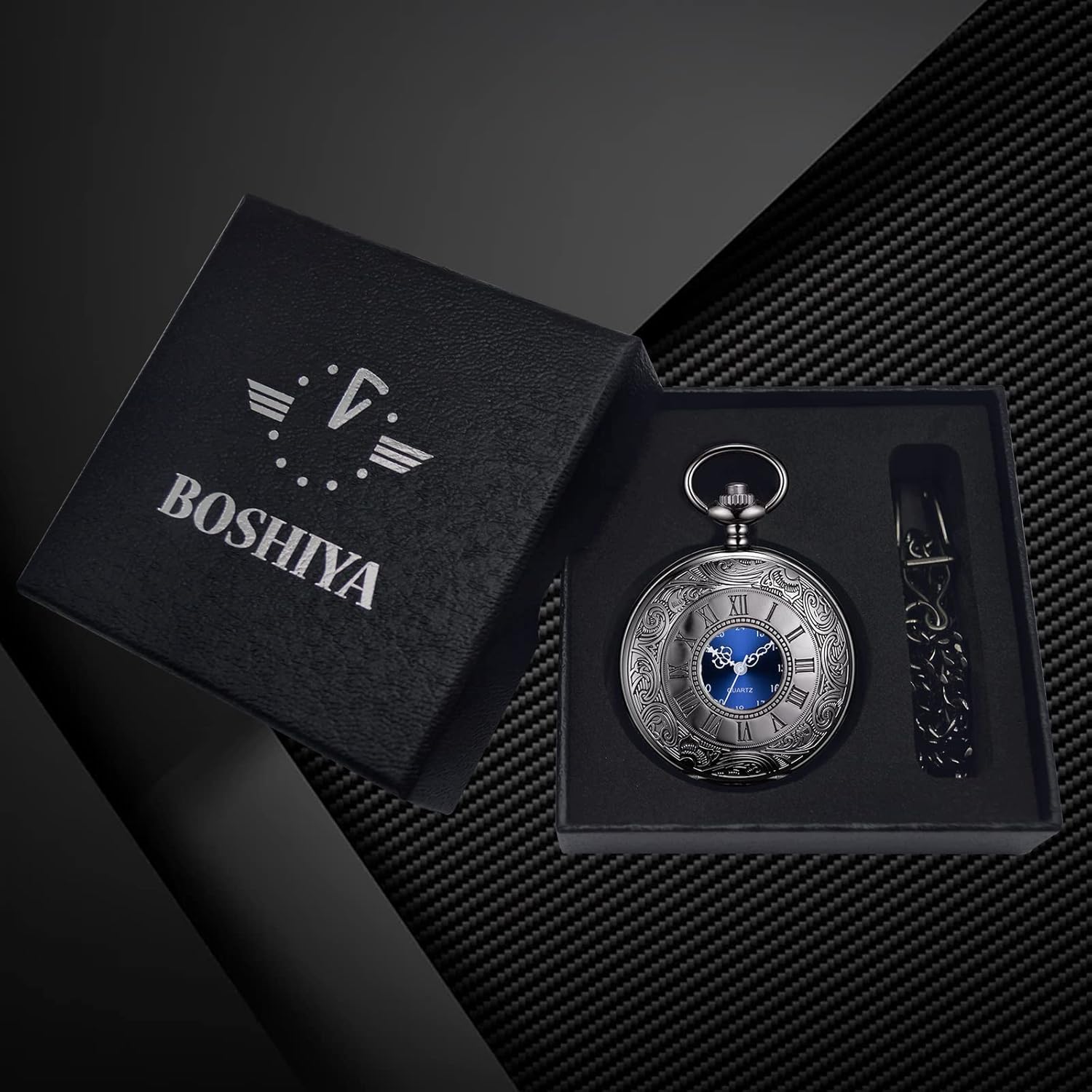 BOSHIYA Pocket Watches for Men Vintage Unique Blue Dial Roman Numerals Scale Black Quartz Pocket Watch with Chain for Christmas Graduation Birthday Gifts - Image 6