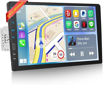 9 inch Wireless CarPlay Single Din Car Stereo 1 Din Touch Screen Radio | with Car Play/Android Auto/Mirror Link/1080P/EQ Audio/SWC/Bluetooth/ 7 Collor Buttons +Backup Camera