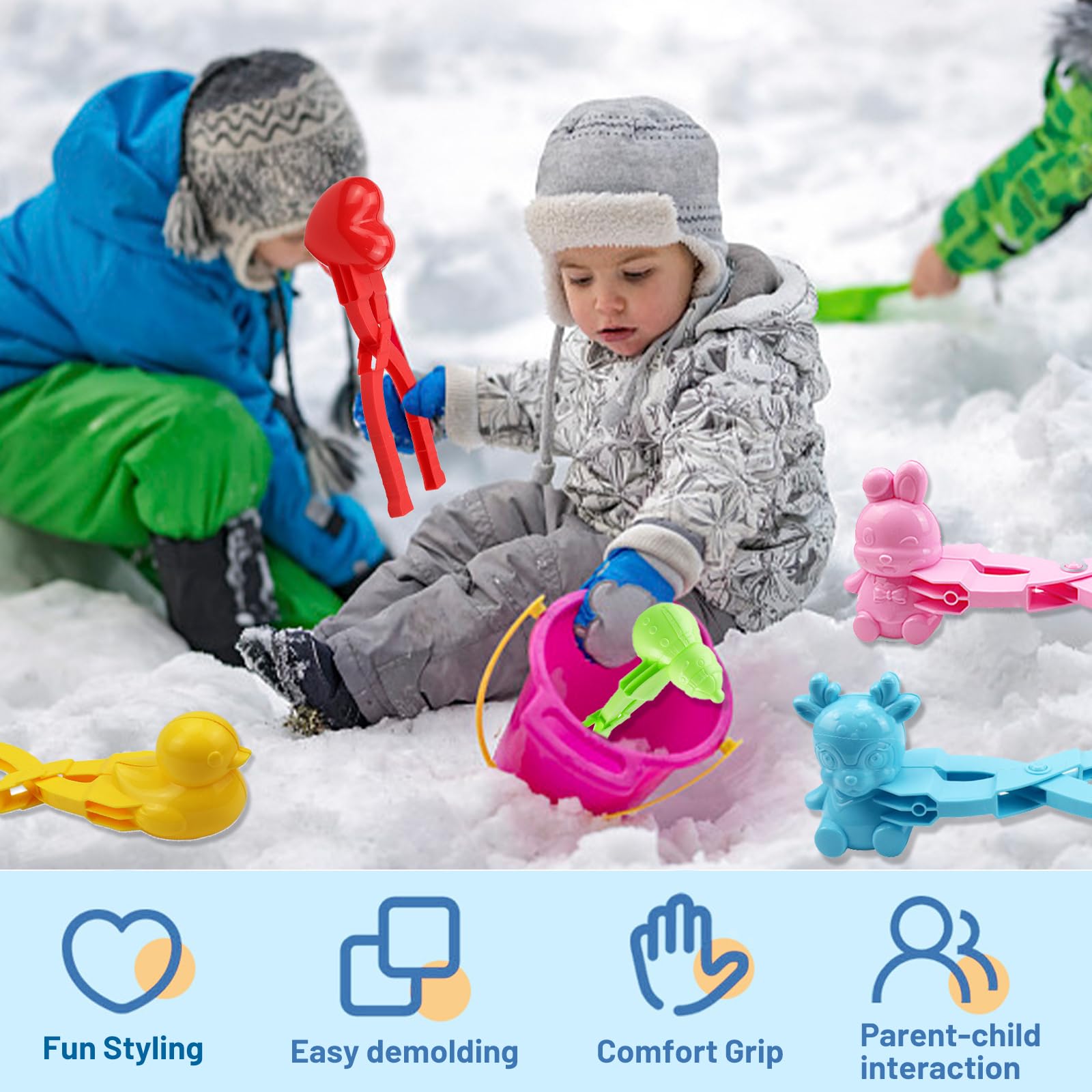 Lot De 4 Pinces à Boules De Neige – Formes Cœur, Canard, Bonhomme, Balle – Pour Plage Et Neige – Enfants Et Adultes