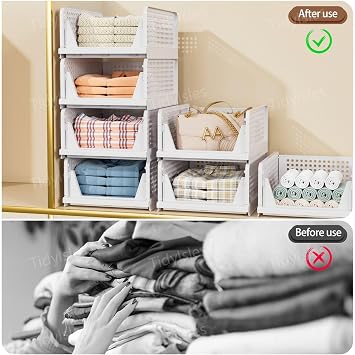 TidyIsles Wardrobe Storage Organiser, 4 Pack Folding Closet Organisers, Stackable Storage Boxes, Plastic Drawer Organiser Basket for Bedroom Kitchen Bathroom White