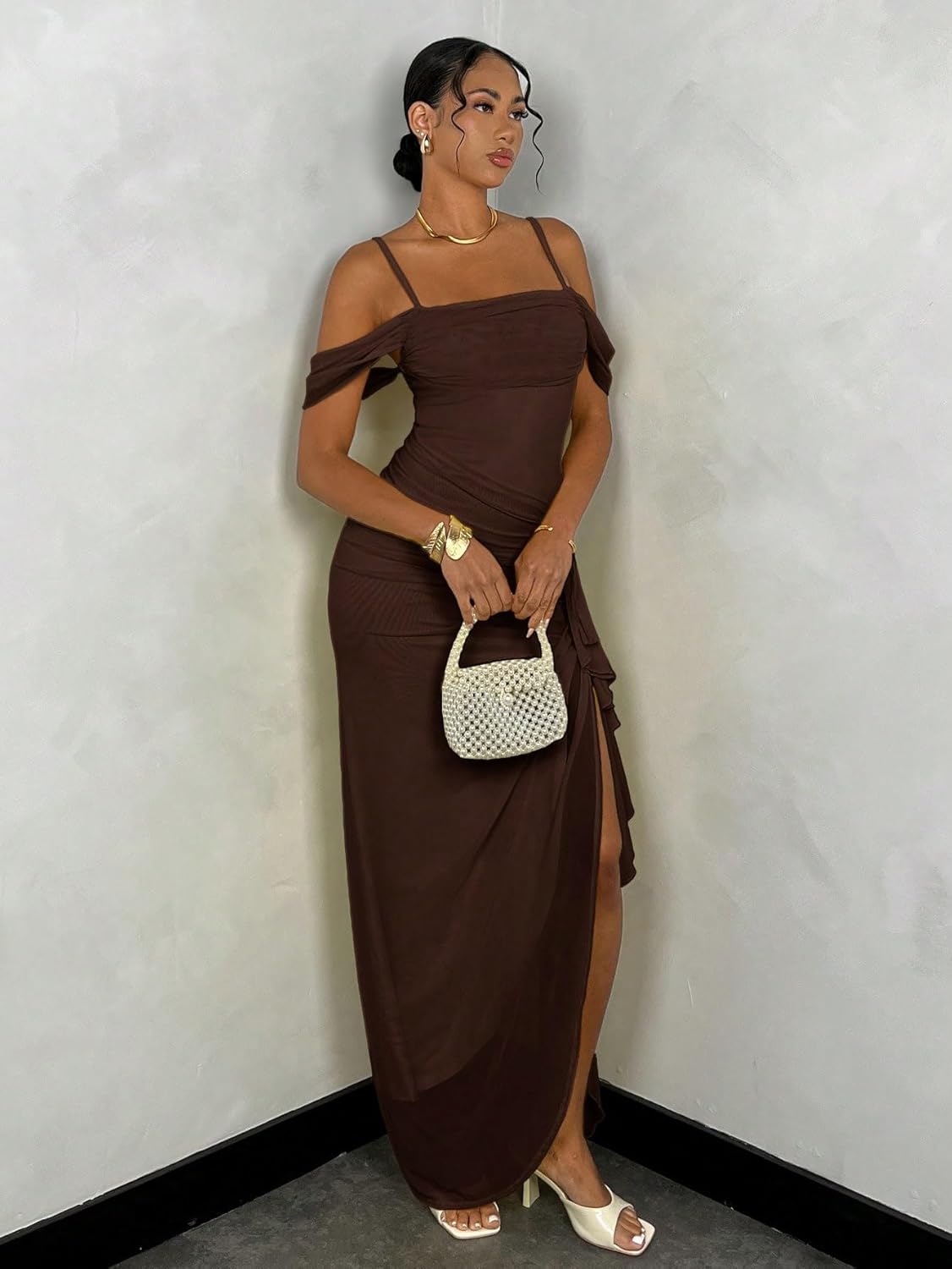 SISKIN Sexy Long Spaghetti Off Shoulder Dresses for Women Strap Side Split Elegant Dresses for Women Formal Dresses Brown Large