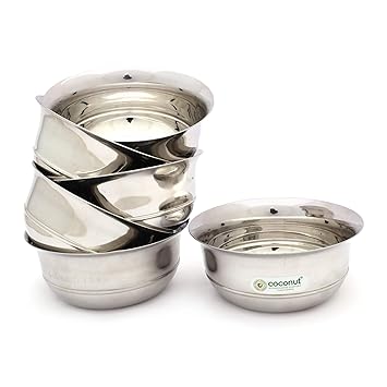 coconut Stainless Steel Peacock Bowl/Mixing & Serving Bowl - Set of 6 Bowls (Diamater - 6.75 Inches Each) -Capacity - 600ML Each Bowl