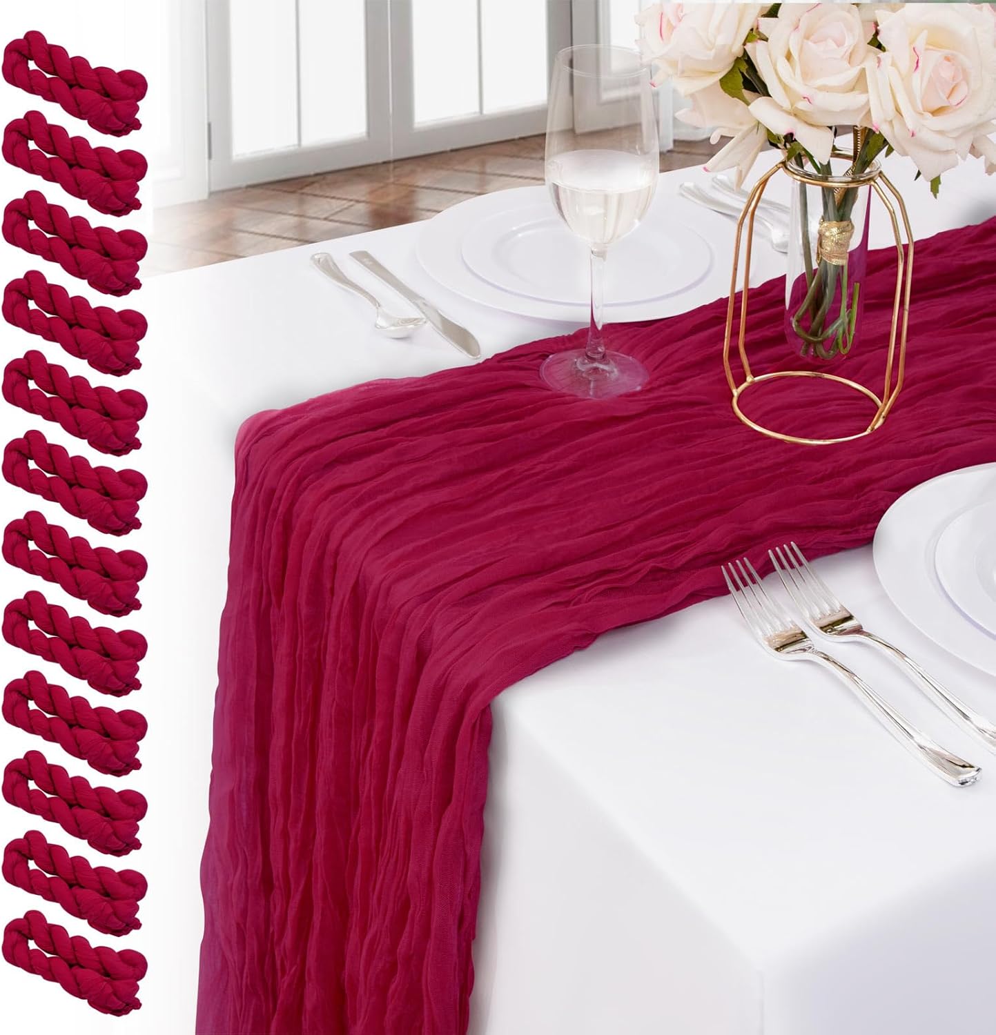 BUCLA 12 Pack 10Ft Burgundy Cheesecloth Table Runner