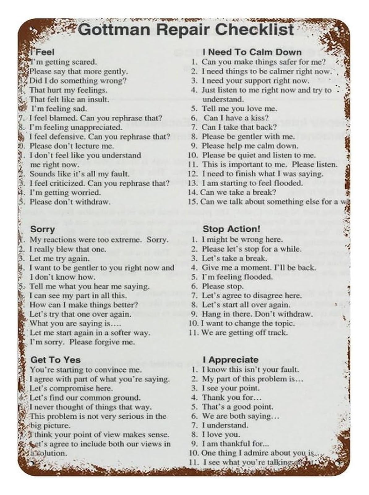 ZDVHOMCB Couples Conflict Resolution Checklist Relationship Repair Vintage Metal Tin Sign Communication Tool Wall Decor 8 X 12 inch