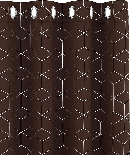 Deconovo Functional Eyelet Blackout Curtains, Diamond Foil Printed Curtains, Thermal Insulated Curtains for Boys Bedroom, 52 x 72 Inch(Width x Length), Chocolate, One Pair