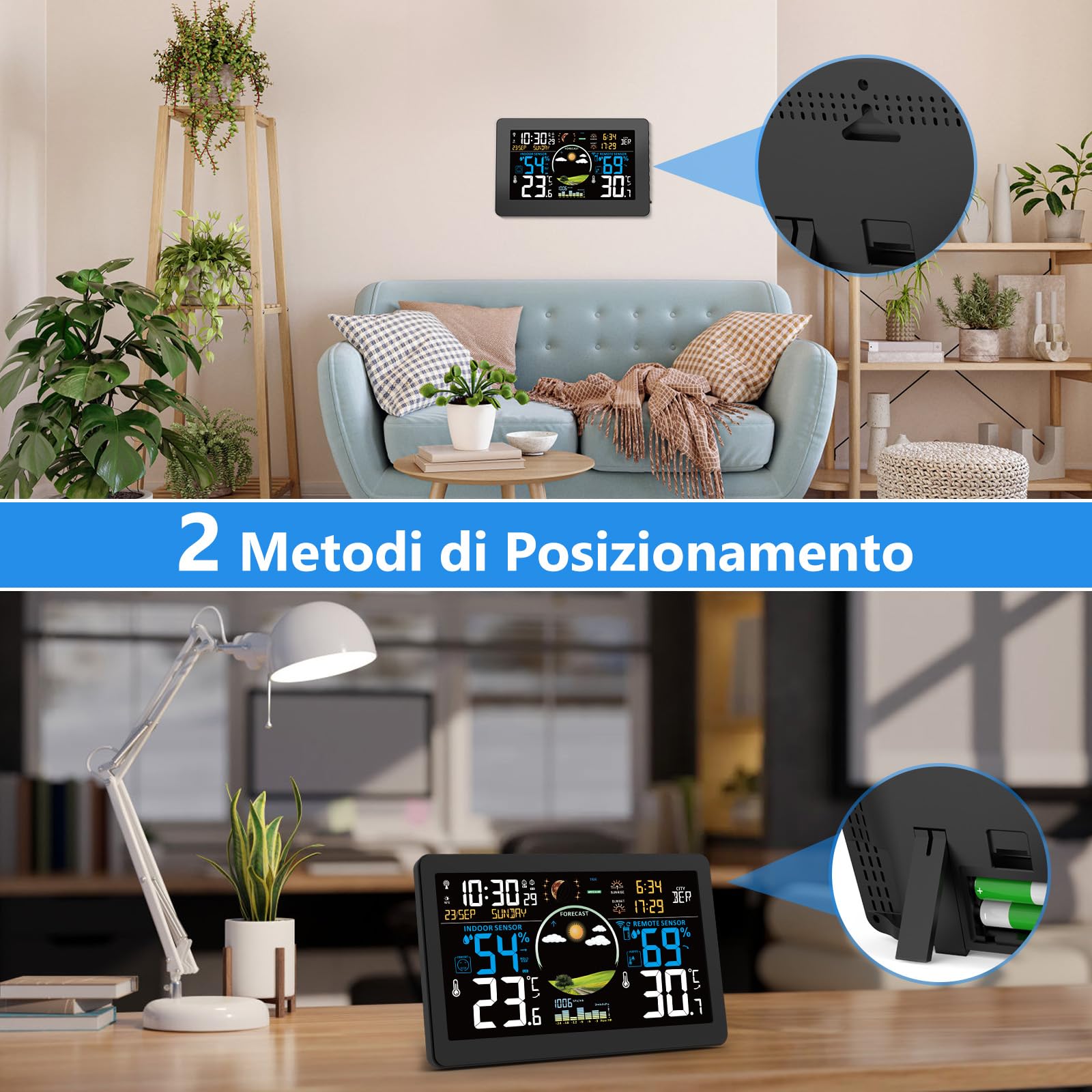 Stazione Meteo con Sensore Esterno, Display a Colori, Temperatura, Umidità, Barometrico, Sveglia, Previsioni del Tempo, Retroilluminazione Regolabile