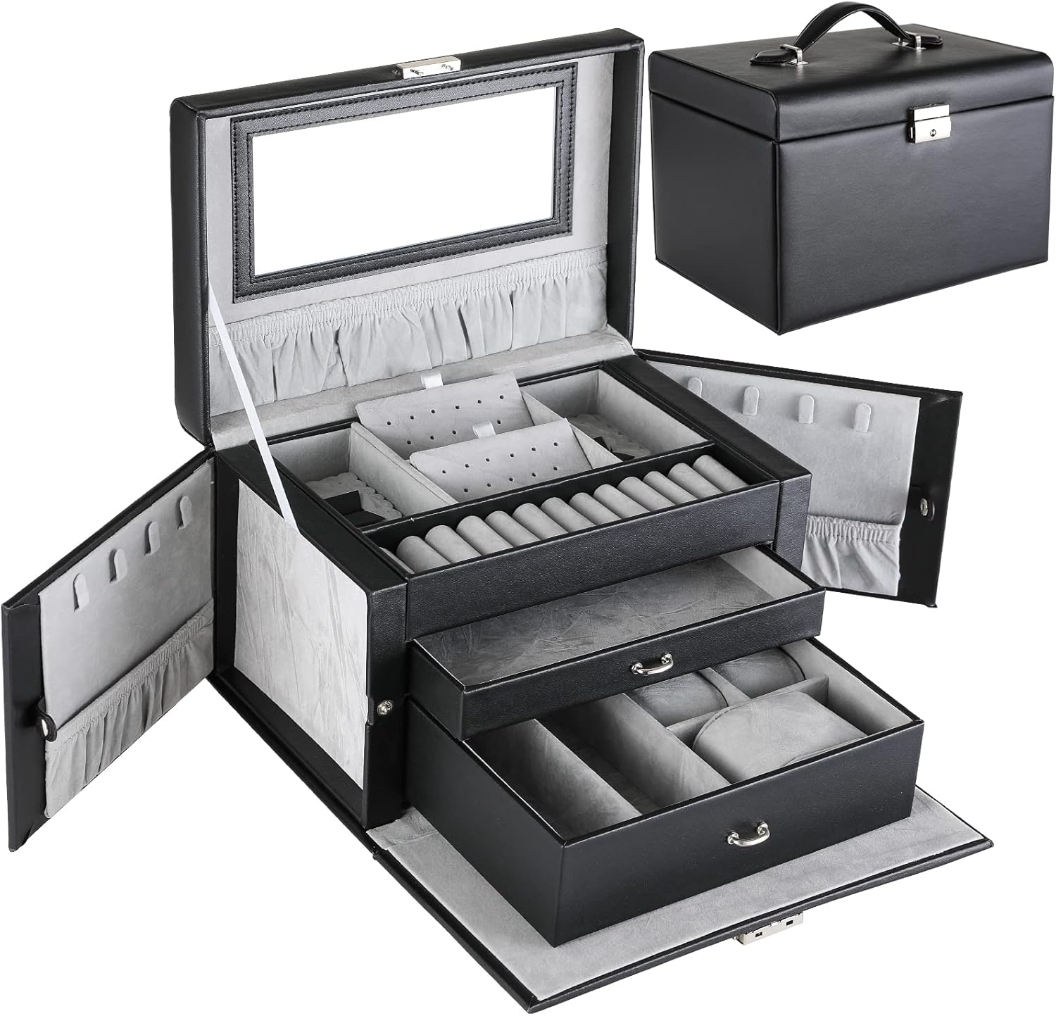 Portagioie Donna 2 Strati Con Serratura - Organizer Da Viaggio In Pelle PU Per Anelli, Orecchini E Collane, Verde - Foto 10