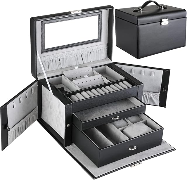 TLGREEN Jewellery Box Organiser for Rings Bracelets Necklaces Earrings,3 Layer PU Leather Jewelry Storage Case with Drawers and Mirror, Lockable, Velvet Lining, Gift for Women and Girls(Black)