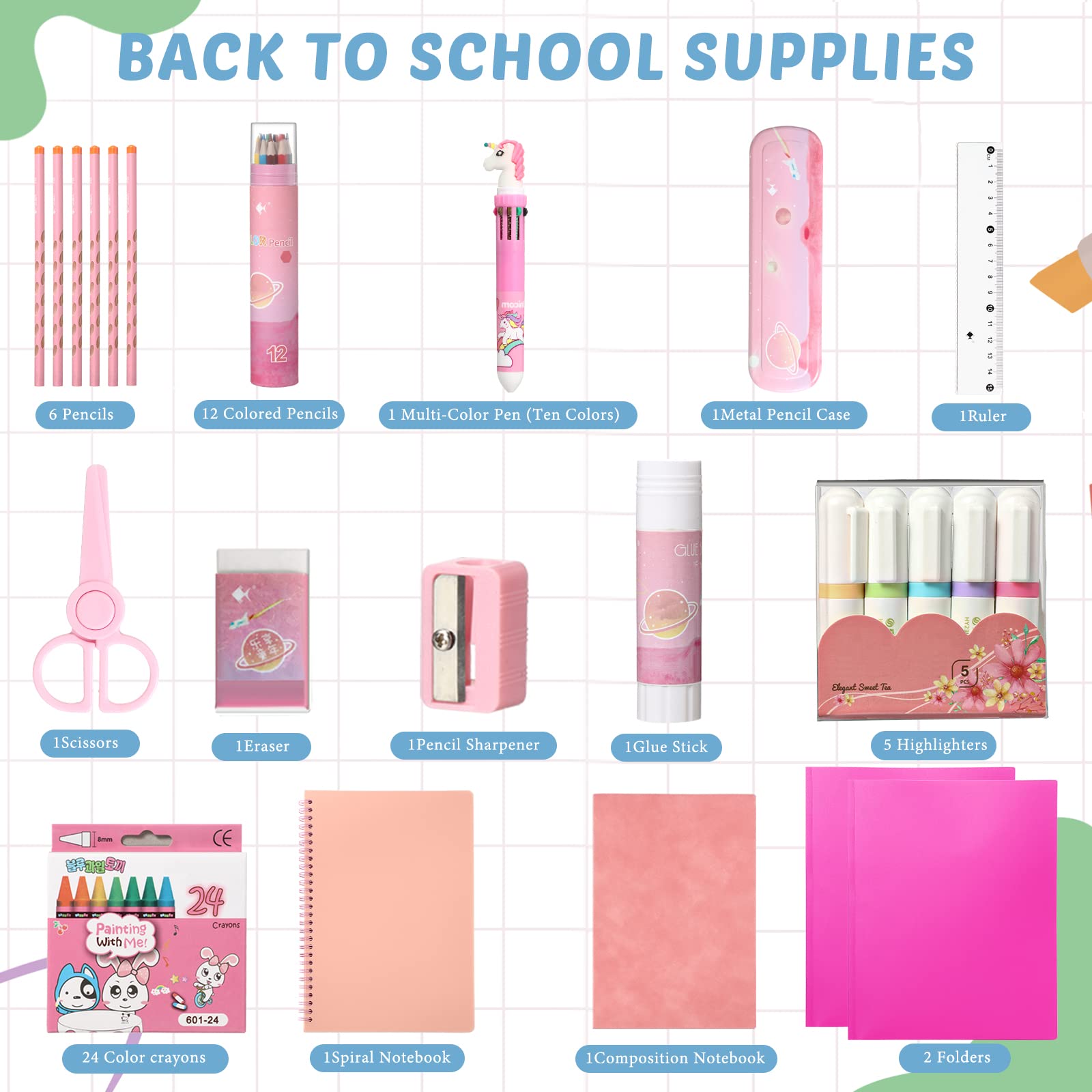 Kit de suministros de regreso a la escuela de 58 piezas para niñas de grado K-12, paquete de suministros esenciales, incluye carpetas, cuadernos, lápices, regla, tijera y mucho más