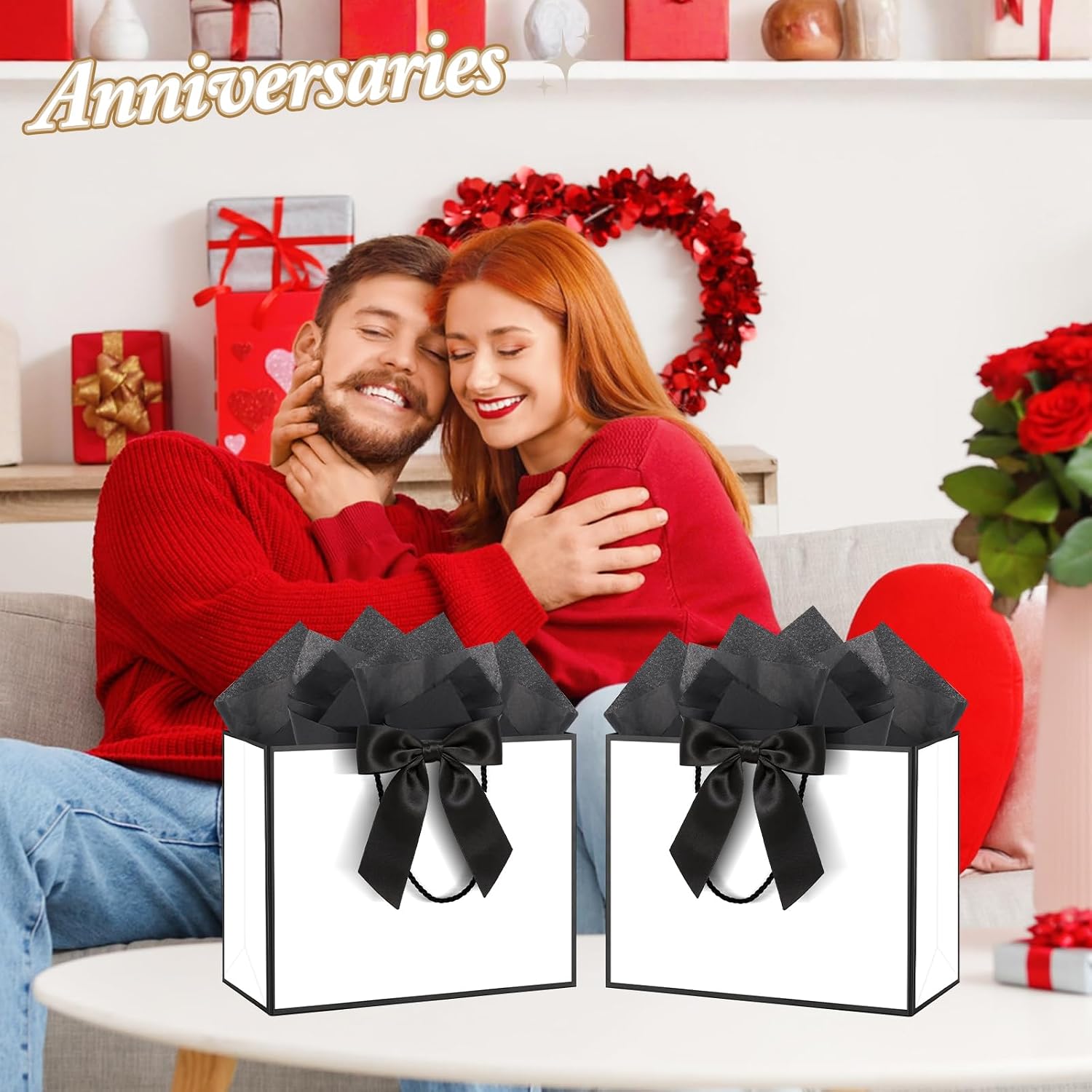 Addblu 12 Pack Large Gift Bags with Handles & Tissue Papers, 12.6×10×4 Inches Thank You Gift Bags with Cards for Mother’s Day, Birthday, Baby Shower, Wedding & Bridesmaids (White and Black Gift Bags, 12 PCS)