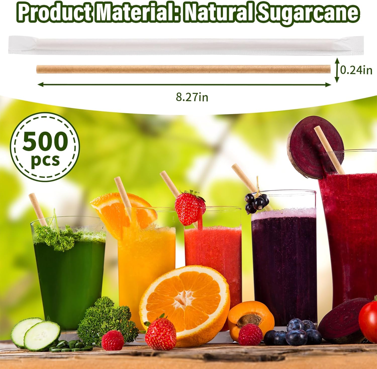Potchen 500 Pcs Individually Wrapped Sugarcane Straws 8" Biodegradable Plastic Compostable Disposable Drinking Straws for Smoothie Drinks Parties Restaurants Home