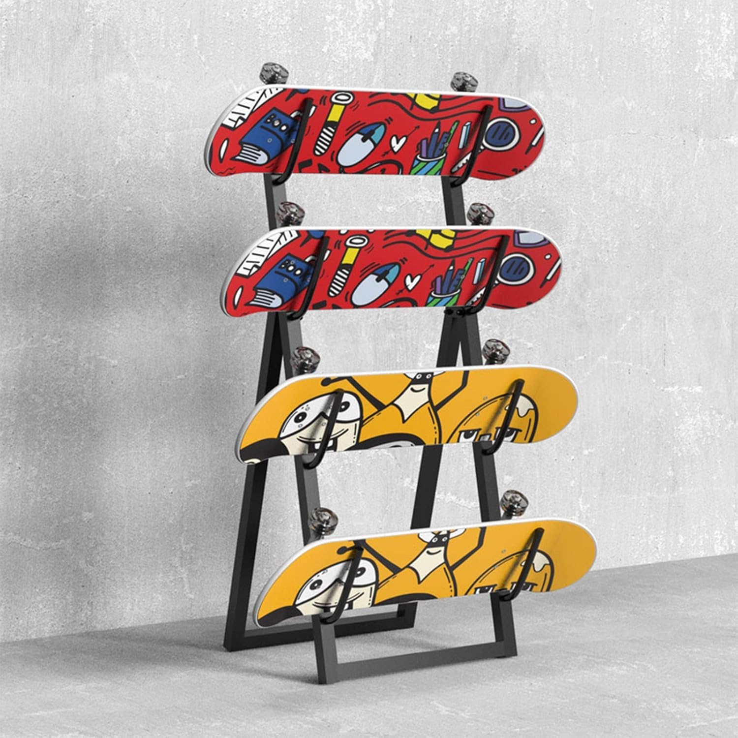 Basketball Organizer Display Rack Home Gym Storage Rack for Skateboards, 4-Tier Vertical Fitness Equipment Organize Holder, Free Standing Snowboard Display Stand