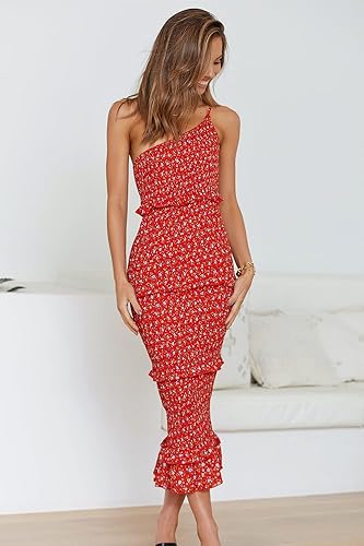 Miniatura 8 de PRETTYGARDEN Vestido midi de verano para mujer con un hombro descubierto tirantes y volantes floral bohemio para el sol