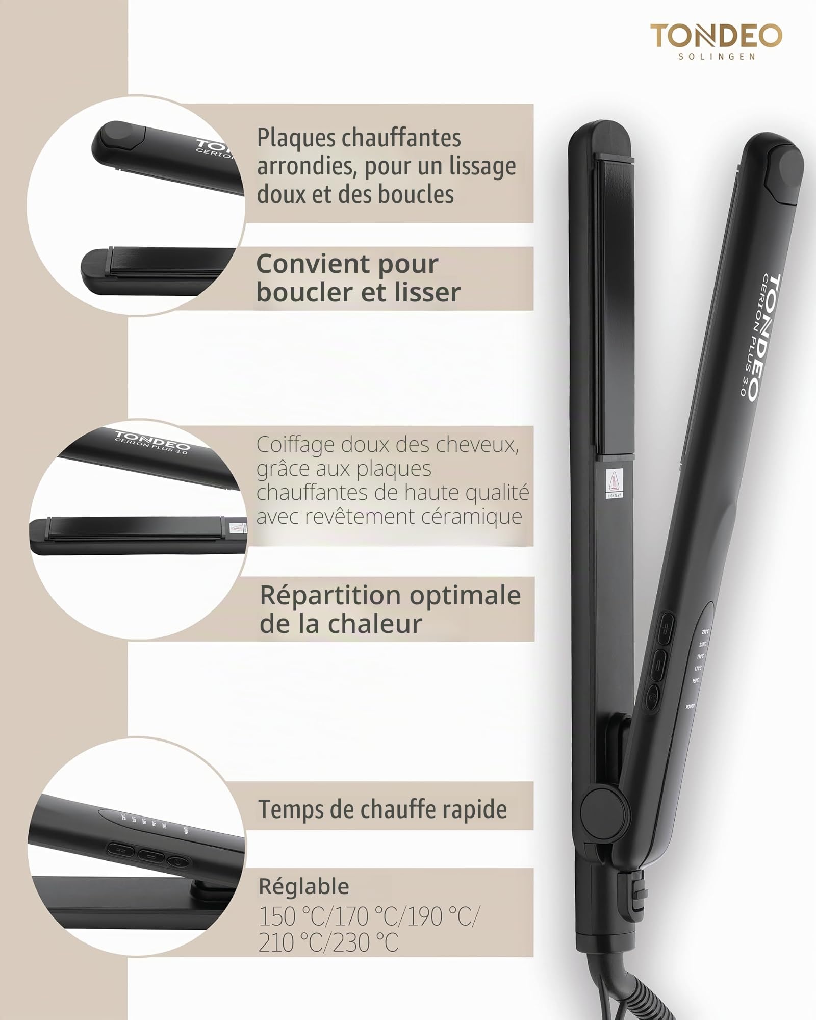 TONDEO Lisseur Cheveux CERION PLUS 3.0 | Lisseur pour boucler et lisser les cheveux | Développé par des coiffeurs professionnels