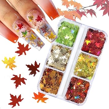 3D Maple Leaves Nail Glitter Sequins Fall Nail Decals Holographic Glitter Design Autumn Maple Leaf Nail Glitter Flakes for Women Girls Gifts Nail Decorations DIY Manicure Accessories
