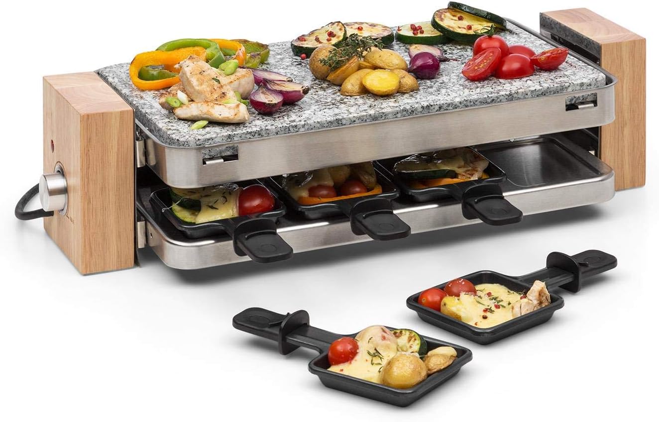 Klarstein Prime-Rib raclette with Natural Stone - raclette Grill, Party Grill, 2-in-1 Device, 8 Persons, 1500 Watt, Thermostat, Stainless Steel housing, incl. Accessories, Black