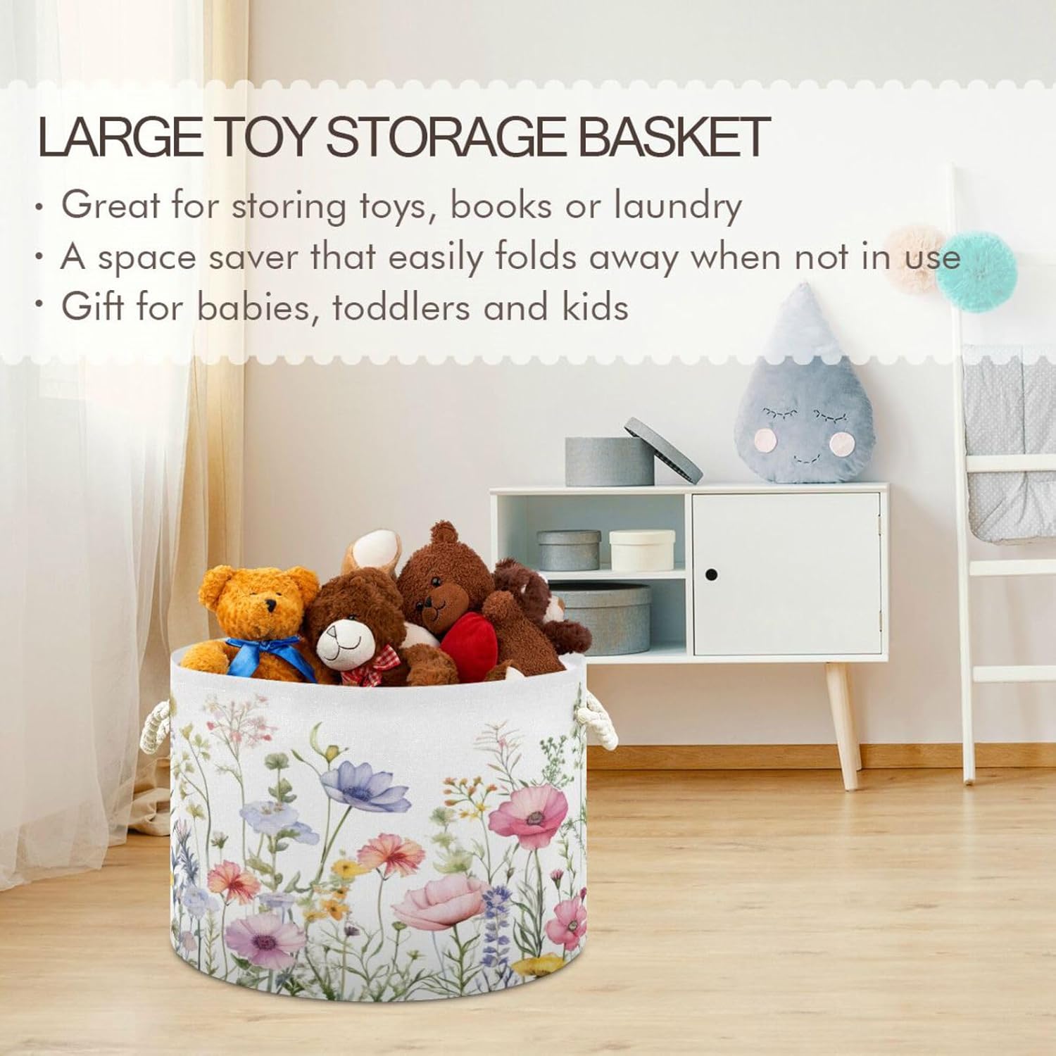 YETTASBIN Herbal Wildflowers Cotton Rope Basket Large Round Baby Laundry Basket Toy Blanket Books Storage Bin for Bedroom Bathroom Nursery Home Decor, 20 x 14 Inch