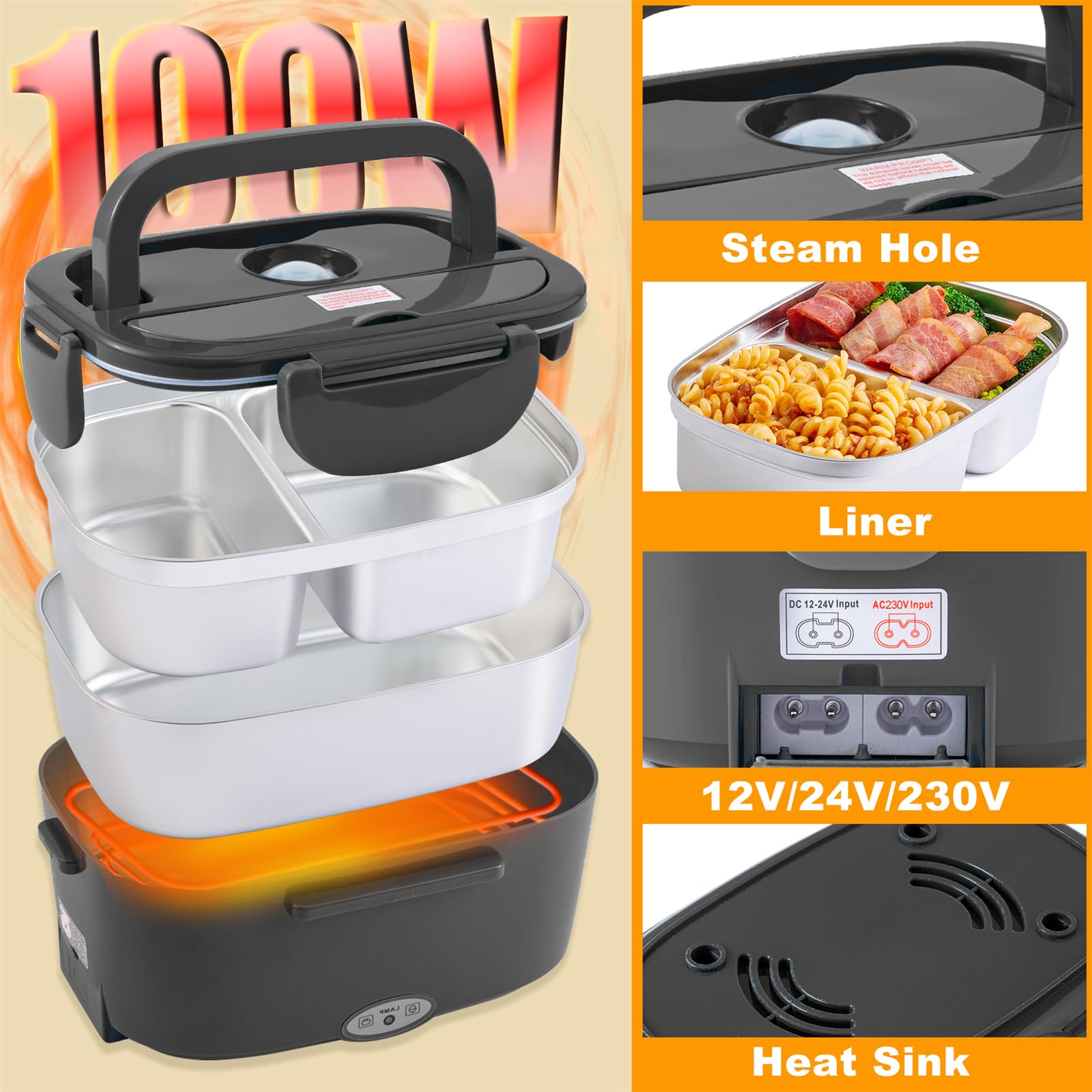Nifogo Gamelle Chauffante 100W pour Voiture et Camion et Bureau Lunch Box Électrique 3 en 1 Acier Inoxidable 12V 24V et 230V - Boîte à Repas 1,5Lx2 avec Gris Sacs Isolants(Noir)
