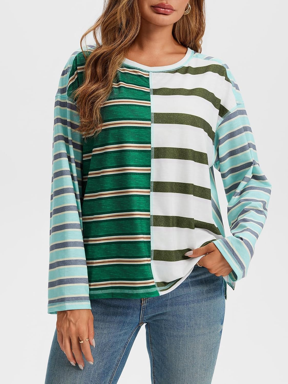 Tankaneo Womens Oversized Striped Shirts Color Block Crew Neck Sweatshirt Casual Loose Fit Long Sleeve Tops - Image 2