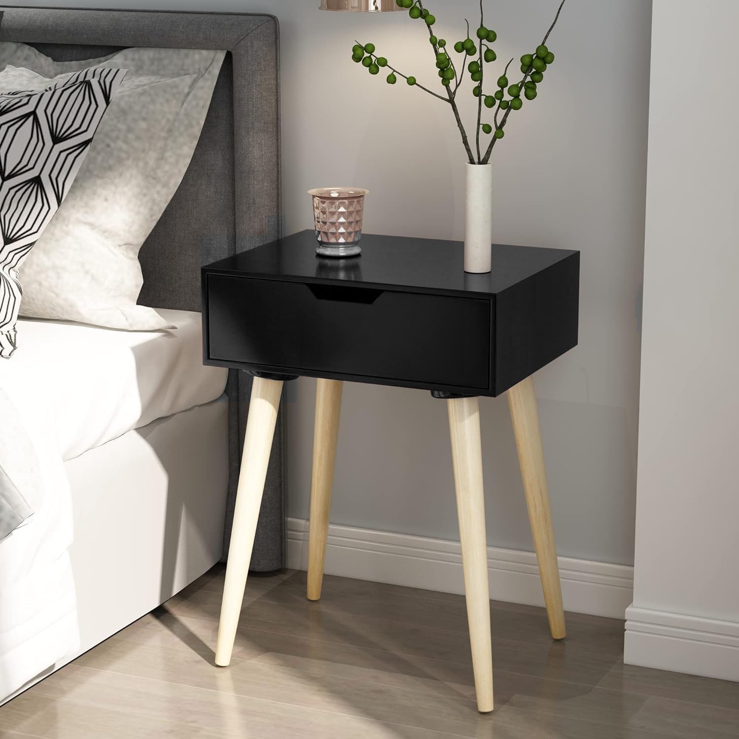 Device Bas with BROWN ART SHOPPEE Nightstands End Side Table with Drawer and Solid Wood Legs, Bedside Table for Bedrooms, Mid-Century Modern Drawer Storage Cabinet for Living Room Furniture (Black-1)