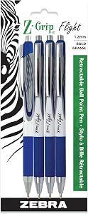 Zebra Pen Z-Grip Flight Retractable Ballpoint Pen, Bold Point 1.2mm, Blue Ink, School Supplies, Teacher Supplies, and Office Supplies, Smooth Writing, Quick-Drying, 4-Pack (21924)