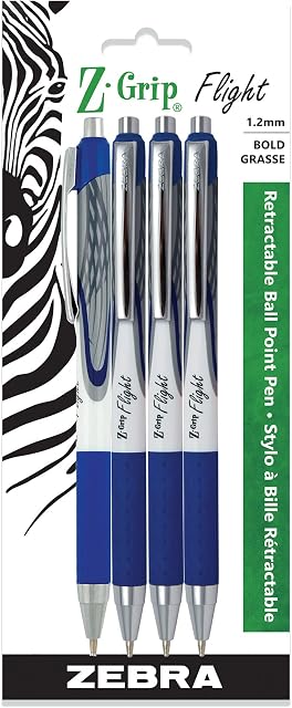 Zebra Pen Z-Grip Flight Retractable Ballpoint Pen, Bold Point 1.2mm, Blue Ink, School Supplies, Teacher Supplies, and Office Supplies, Smooth Writing, Quick-Drying, 4-Pack (21924)