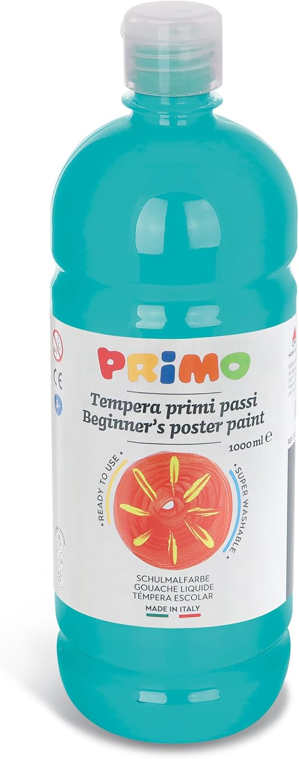 PRIMO School Paint Tempera Paint for Children, 1000 ml Bottle with Dosing Cap, Painting, Crafts, Large Choice of Colours, Ready to Use for School and Home (Cyan Blue), Light Blue
