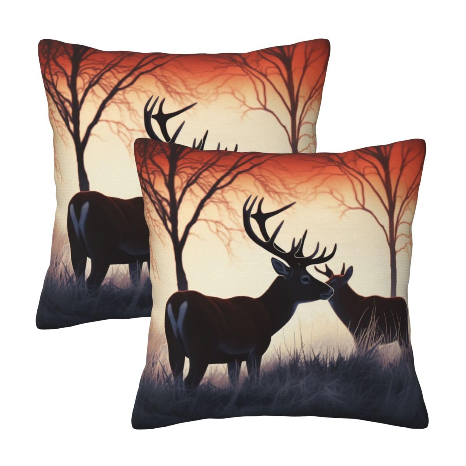 Winter Nature Deer Throw Pillow Cases 2 Pack Square Pillowcases Soft Pillow Protectors for Couch Livingroom Sofa Bed Office Car,50x50 CM