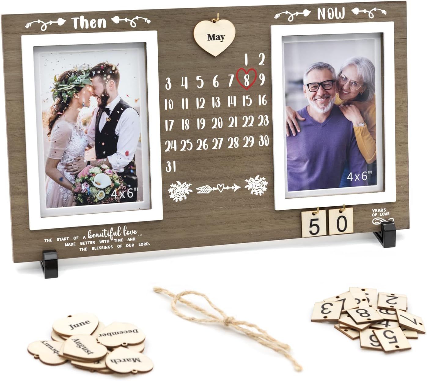 DIY Anniversary Wooden Picture Frame — Then and Now Commemorative Gift Features Changable Wooden Month and Number Plates Wedding Anniversary Frame Retro Vintage Photo Frame Holds Two 4x6-inch photos​