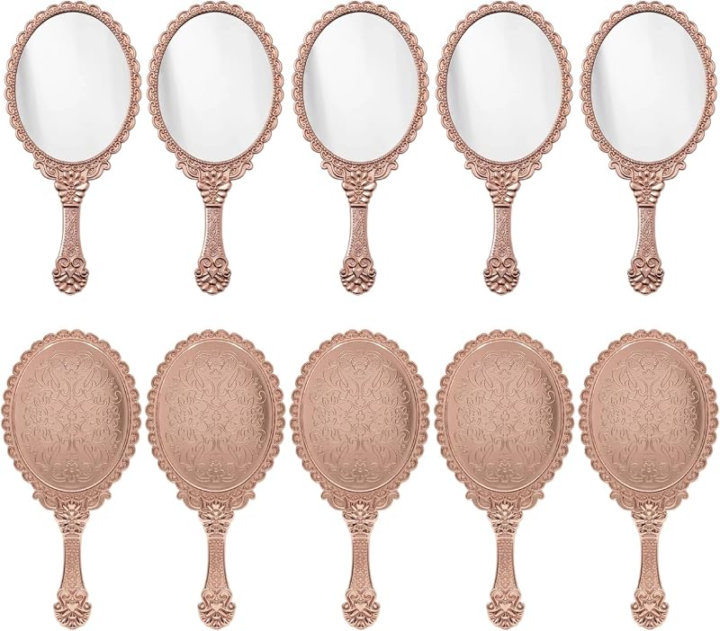 Espelho de mão oval vintage ChicReflect com cabo e moldura rosa, Pacote com 10