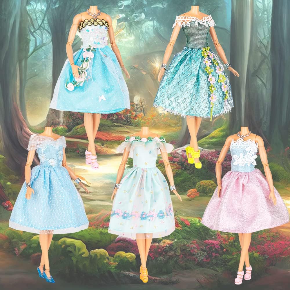 Doll Clothes and Accessories 39 Pack, Newest Unique & Fashion Forest Fairy Dress for Dolls, 10 Fairy Dress, 10 Mini Skirts and 9 Accesssories, 10 Shoes