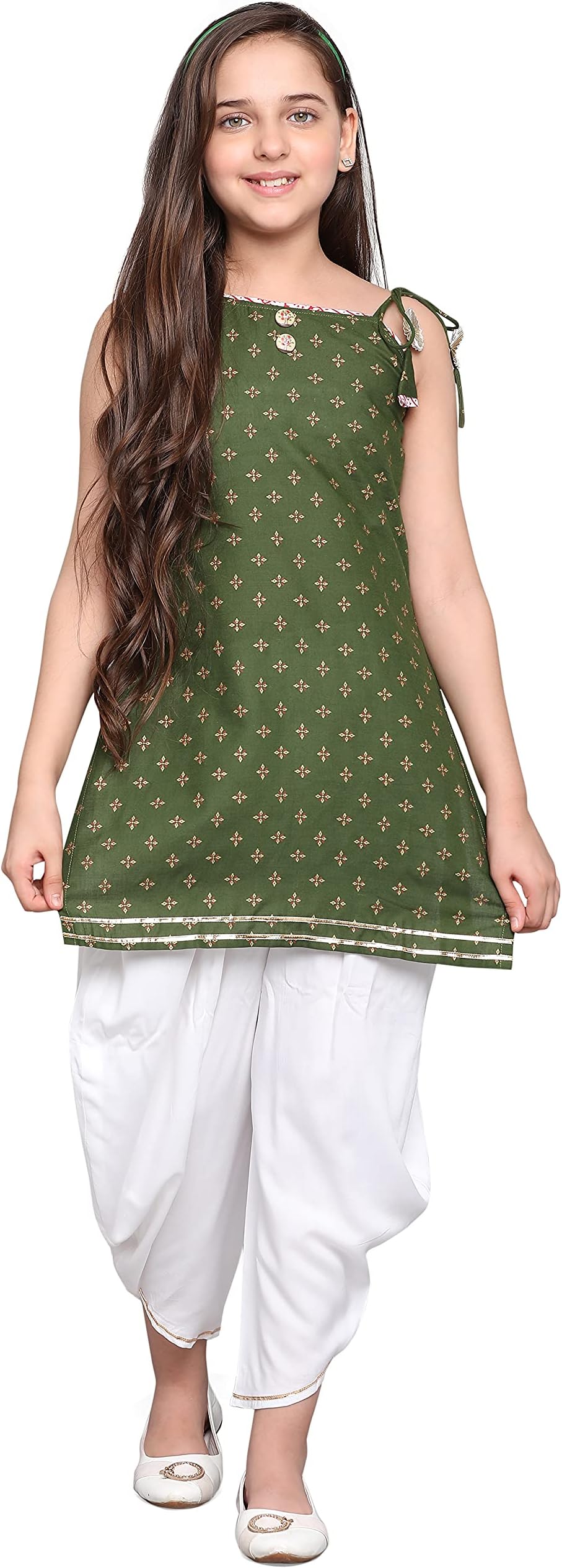 Curly Tales Poly Cotton Indo Western Style Dress Foil Printed Top Kurti/Kurta Paired with Dhoti Pant for Teens Girls.