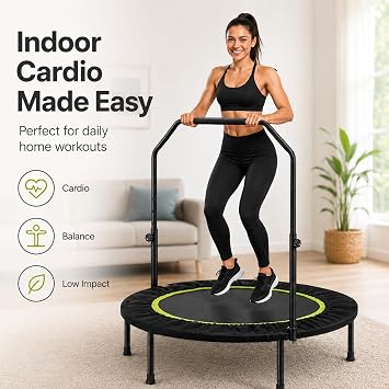 Foldable Fitness Trampoline, Max 485lbs(220kg), Rebounder Exercise Trampolines with Adjustable Handrail, Indoor/Outdoor Mini Trampoline for Home Workout