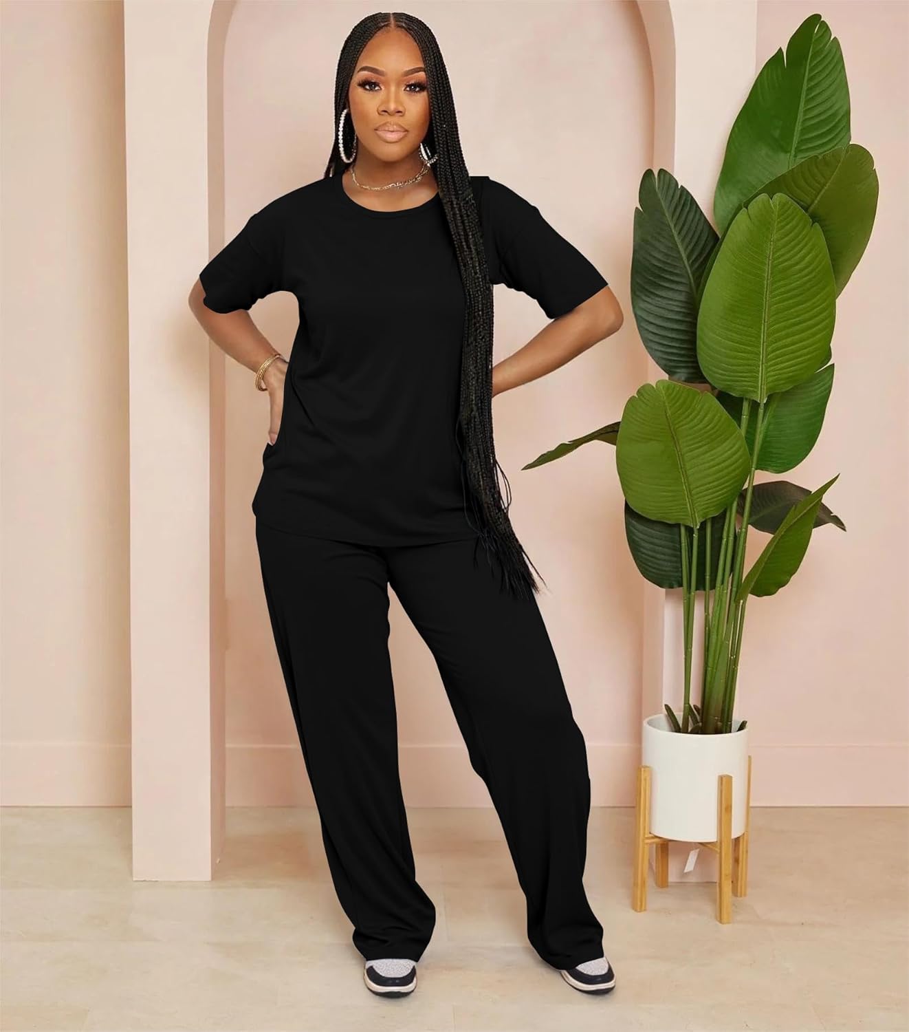 HBQ Women's 2 Piece Outfits Loose Fit Tops Wide Leg Pants Short Sleeve Lounge Matching Sets Sweatsuits - Image 2